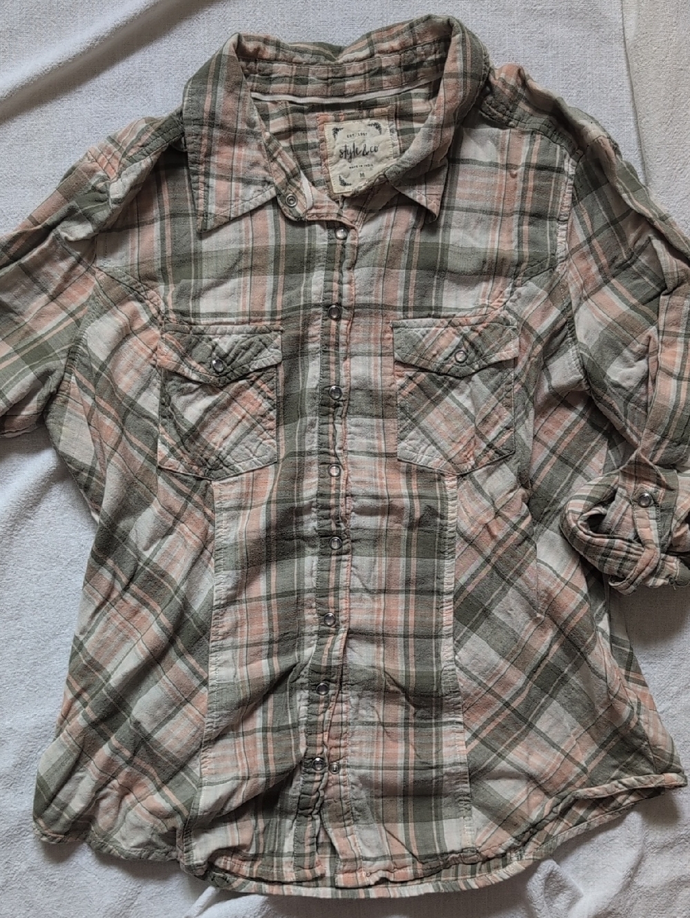 Plaid Button-Up Shirt in Olive & Peach
